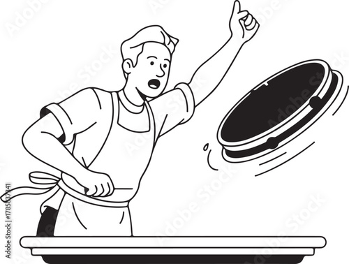 Chef flipping a pancake line art illustration
