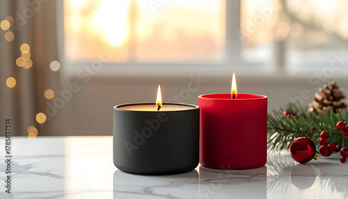 Elegant black and red Christmas candles on marble table glowing with warm golden festive light.