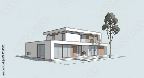 Modern house architecture design with flat roof and large windows for real estate and home improvement ideas