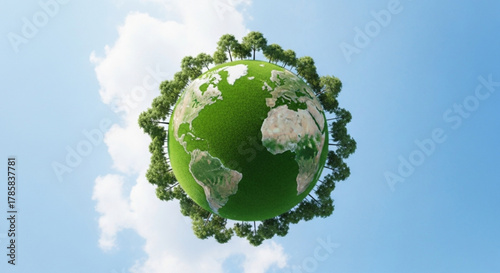 Green earth globe with trees and blue sky background for environmental conservation and sustainability concept