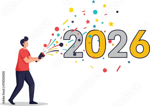 A man in a red shirt celebrates the new year 2026 with a confetti popper in a 2D flat illustration.