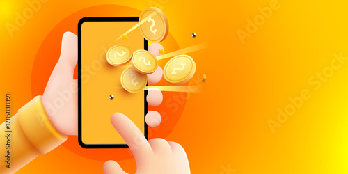 Mobile banking concept A cartoon hand interacts with a smartphone, showing golden coins flying out. Vector illustration.