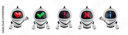 Vector cartoon 3d robots icon set. Realistic 3d render robot character with checkmark, red cross, heart, info and exclamation sign on face screen. Chat bot collection, AI support service concept