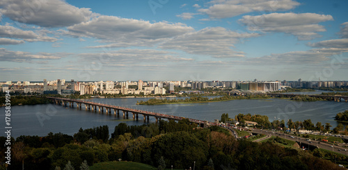 Billede på lærred Aerial and panoramic views of Kyiv city skyline with Dnipro River and residentia