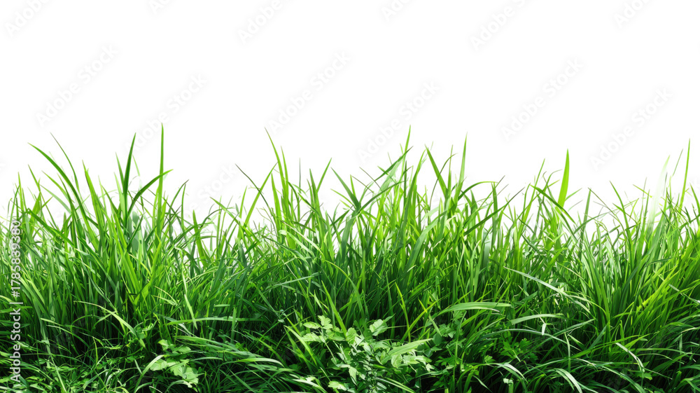 Obraz premium Fresh green grass blade macro closeup isolated on a bright white background for spring or summer garden nature growth