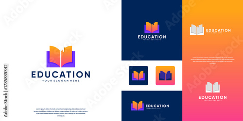 Education logo with colorful book symbol, digital library, vector graphic design.