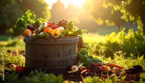 Organic leftover vegetables and fruits in a compost bin