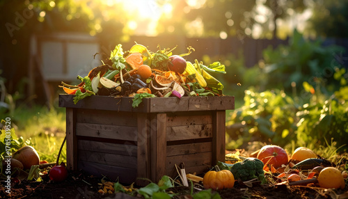 Organic leftover vegetables and fruits in a compost bin
