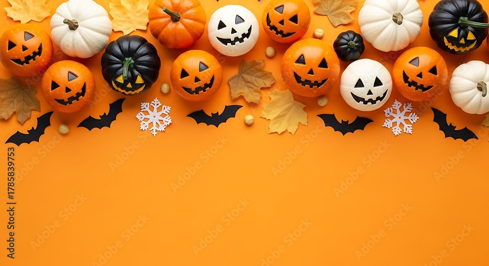 Obraz premium A festive halloween arrangement featuring an assortment of miniature pumpkins with painted faces, scattered paper bats, and snowflake cutouts on an orange surface