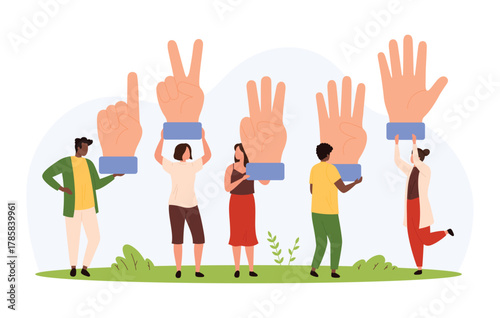 Diverse group of people interacting with oversized cartoon hands showing finger counting gestures for numbers one to five, playful educational concept isolated vector illustration