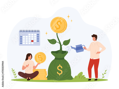 Man watering money plant and woman holding coin, symbolizing financial growth, investment, savings, and wealth accumulation in a modern flat style isolated vector illustration