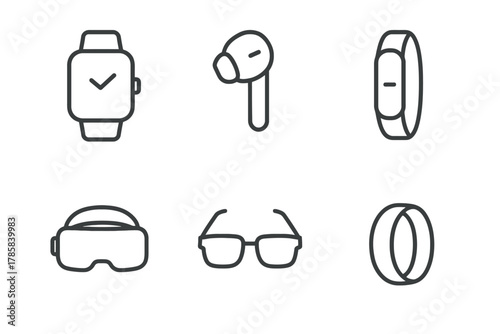 Minimalist icons of wearable technology: smartwatch, earbud, fitness band, vr headset, glasses, smart ring