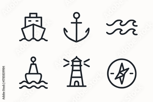 Maritime symbols: ship, anchor, buoy, lighthouse, waves, and compass icons