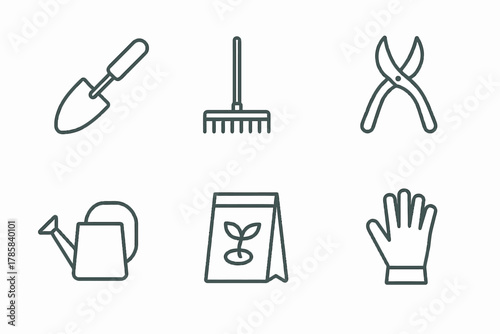 Gardening tools icons: trowel, rake, pruner, watering can, seed packet, glove