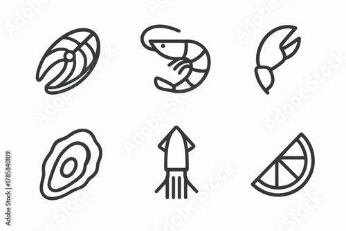 Seafood icon set: shrimp, crab, oyster, squid, lemon - line art collection