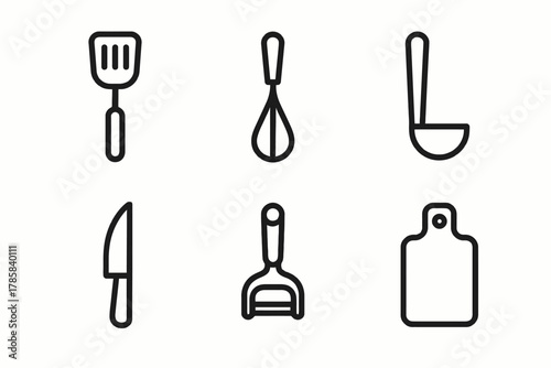 Kitchen utensil icons: spatula, whisk, ladle, knife, peeler, cutting board