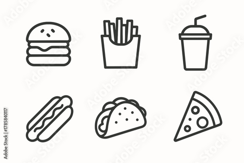 Icon set of fast food items: burger, fries, drink, hot dog, taco, pizza