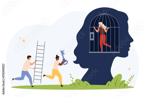 Tiny people with ladder and key helping woman trapped inside head-shaped cage, symbolizing overcoming mental barriers, support, psychological struggle, emotional healing, isolated vector illustration