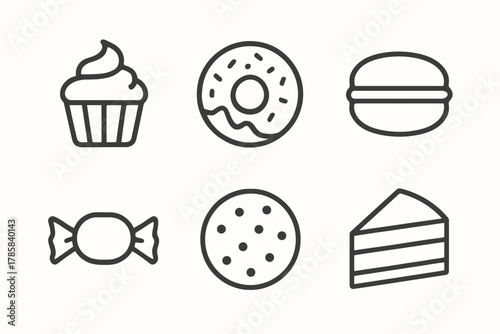 Simple outline icons of various desserts including cupcake, donut, macaron, candy, cookie, and cake