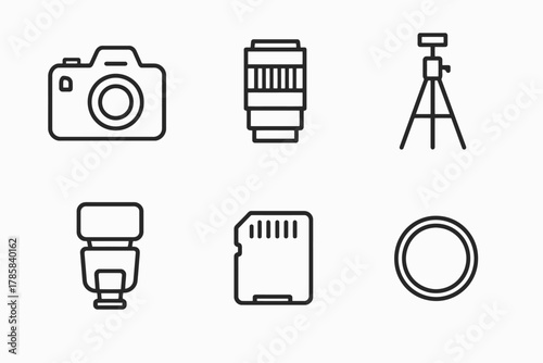 Essential photography equipment icons: camera, lens, tripod, flash, memory card, filter