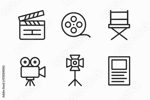 Film production icons set: clapperboard, film reel, director chair, camera, light, script