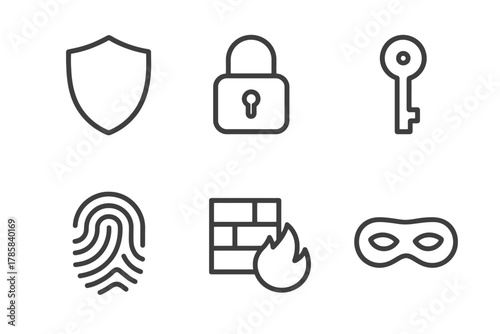Security icons: shield, lock, key, fingerprint, firewall, mask in minimalist design