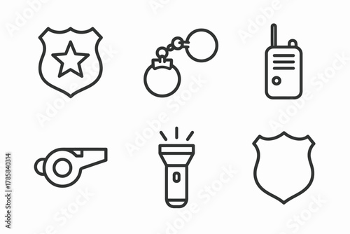 Police equipment icons: badge, handcuffs, radio, whistle, flashlight