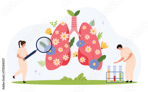 Human lungs decorated with flowers, two scientists analyzing respiratory health, magnifying glass, test tubes, nature elements, flat style, health and environment isolated vector illustration