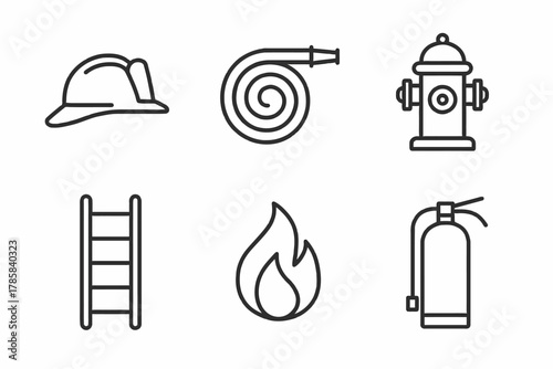 Firefighting icons: helmet, hose, hydrant, ladder, flame, extinguisher illustrations