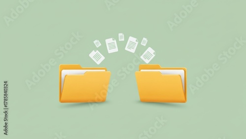 Yellow folders transferring with floating white documents on blue background, digital file exchange, data transfer