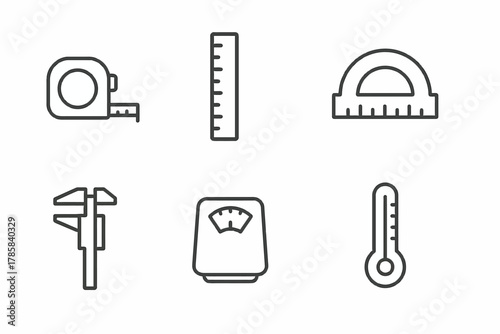 Line art icons of measuring tools: tape measure, ruler, protractor, caliper, scale, thermometer