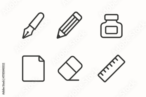 Set of stationery icons: pen, pencil, ink, paper, eraser, ruler