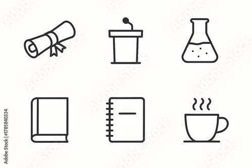 Education and science icons: diploma, podium, flask, book, notebook, coffee cup