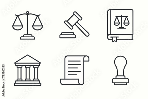 Set of law icons featuring scales, gavel, legal book, courthouse, document, and seal