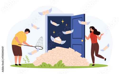 Cartoon people surrounded by a flood of flying spam envelopes, symbolizing email overload, digital communication chaos, and information management issues isolated vector illustration