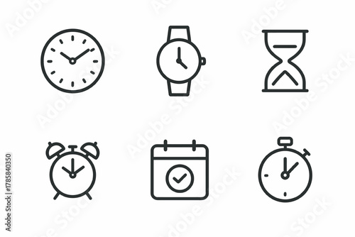 Minimalist time icon set featuring clocks, calendar, and hourglass