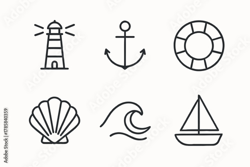 Nautical icons set featuring lighthouse, anchor, lifebuoy, shell, wave, and sailboat