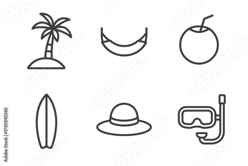Simple beach icons: palm tree, hammock, coconut, surfboard, hat, snorkel