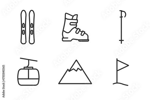 Ski equipment and mountain icons: skis, boots, poles, gondola, mountain, flag