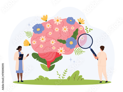 Doctors examining a human brain filled with blooming flowers symbolizing mental health, emotional growth, and psychological care in a flat style isolated vector illustration