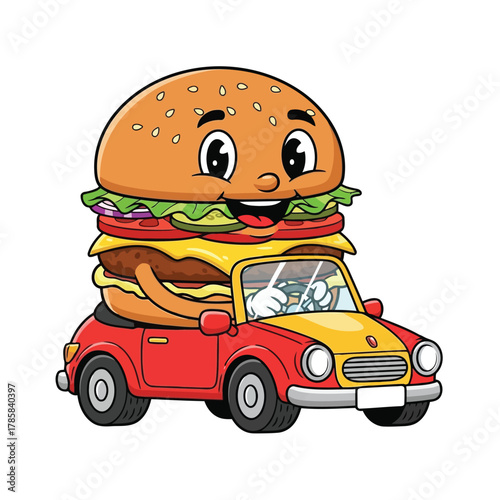 Cartoon burger character driving a car vector illustration of a cute burger character driving a red car with a happy expression