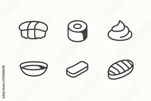 Minimalistic icons of sushi, soap, toilet paper, and food items in black outline