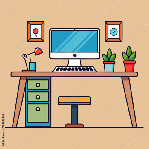 Modern home office desk setup with computer and plants