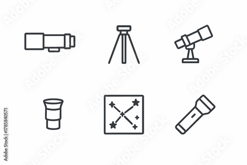 Outline icons of telescope, tripod, lens, constellation, flashlight for astronomy and stargazing