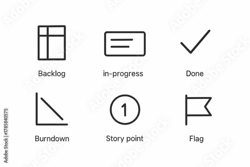 Agile project management icons: backlog, in-progress, done, burndown, story point, flag