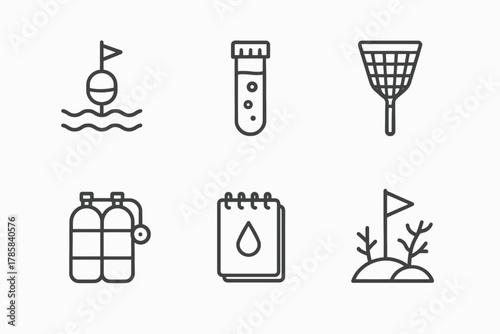 Marine equipment icons set: buoy, test tube, net, oxygen tanks, notebook, flag