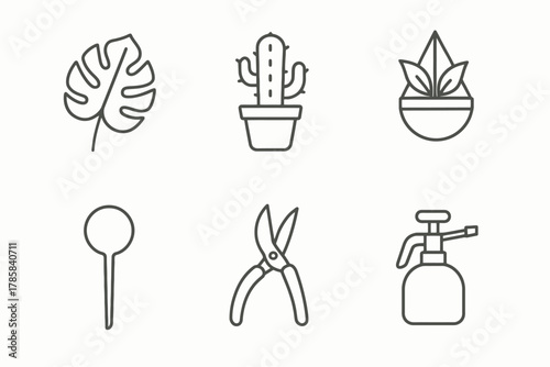 Minimalist garden tools and plants line art icons set