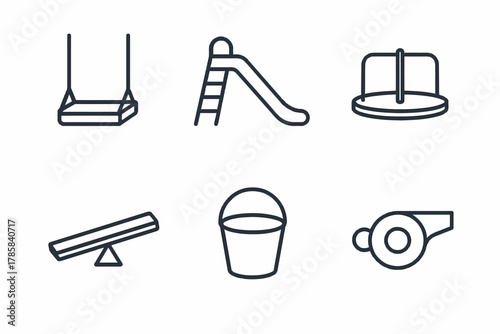 Playground equipment icons: swing, slide, merry-go-round, seesaw, bucket, whistle