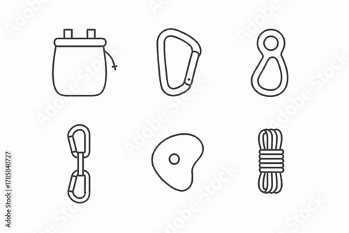 Outline icons of climbing gear: chalk bag, carabiners, belay device, climbing hold, rope
