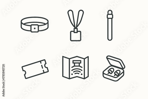 Outline icons of pet collar, lanyard, dropper, ticket, map, and earbuds case
